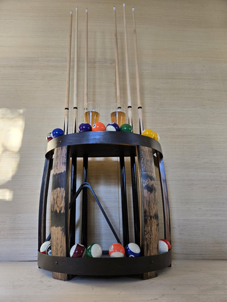 Cue Rack - Billiards - Barrel Amish Handmade - Pool Cue Table - Pantry - Whiskey Barrel - Display - Vintage - Pool - Stave