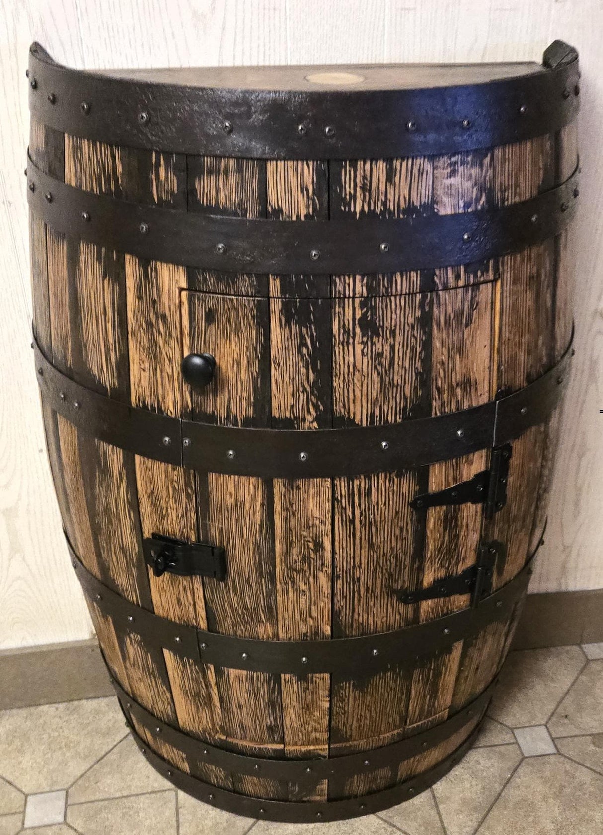 Half Whiskey Barrel Cabinet - Amish Handmade - Bourbon - Liquor Cabinet - Glass Holder - Wine Storage - Display - Whiskey Odor - Vintage