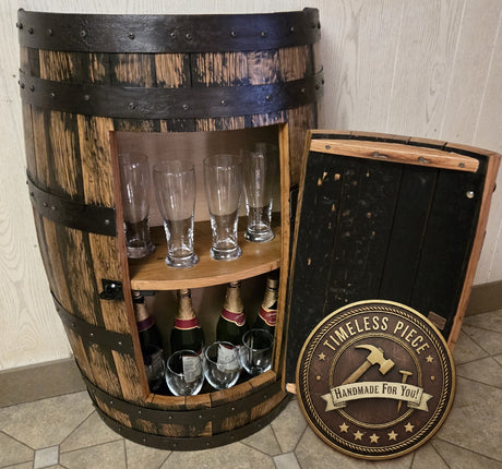 Half Whiskey Barrel Cabinet - Amish Handmade - Bourbon - Liquor Cabinet - Glass Holder - Wine Storage - Display - Whiskey Odor - Vintage