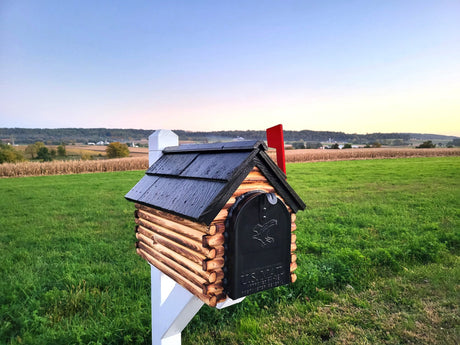 Log Cabin Amish Mailbox Handmade Wooden With Cedar Shake Roof and Metal Box Insert - Barn Mailboxes Wood