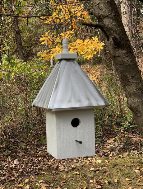 Hanging bird house wooden silver burnish