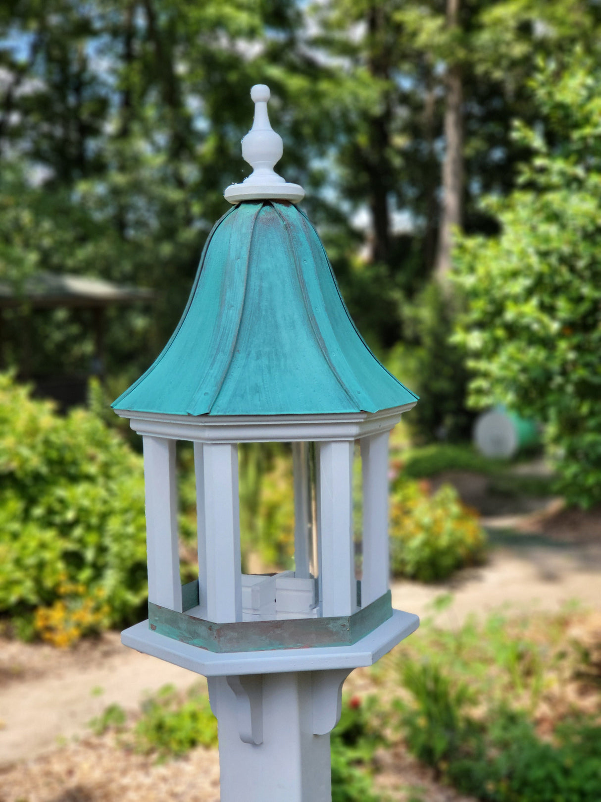 Bird Feeder Patina Copper Roof, Large, 6 Sided, Bell Shaped Roof, Premium Feeding Tube