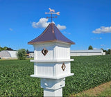 Copper birdhouse, patina roof, manor, bird lovers, weathervane, wind compass, nesting compartments, bird condo