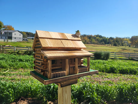 Log Cabin Bird Feeder, Amish Handmade, Cedar Roof, Yellow Pine, and Stone Chimney