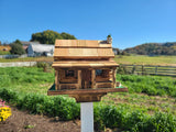 Log Cabin Bird Feeder, Amish Handmade, Cedar Roof, Yellow Pine, and Stone Chimney