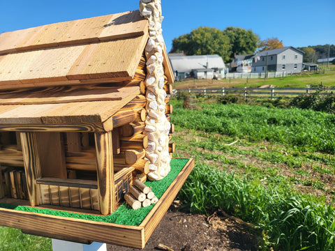 Log Cabin Bird Feeder, Amish Handmade, Cedar Roof, Yellow Pine, and Stone Chimney