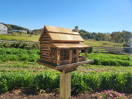 Log Cabin Bird Feeder, Amish Handmade, Cedar Roof, Yellow Pine, and Stone Chimney