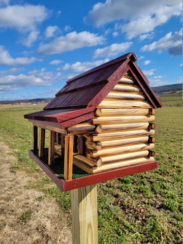 Log Cabin Birdhouse, Amish Handmade, 3 Nesting Compartments, With Cedar Roof