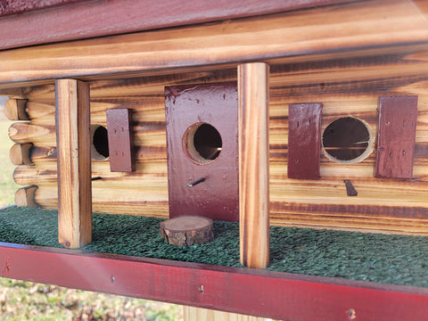 Log Cabin Birdhouse, Amish Handmade, 3 Nesting Compartments, With Cedar Roof