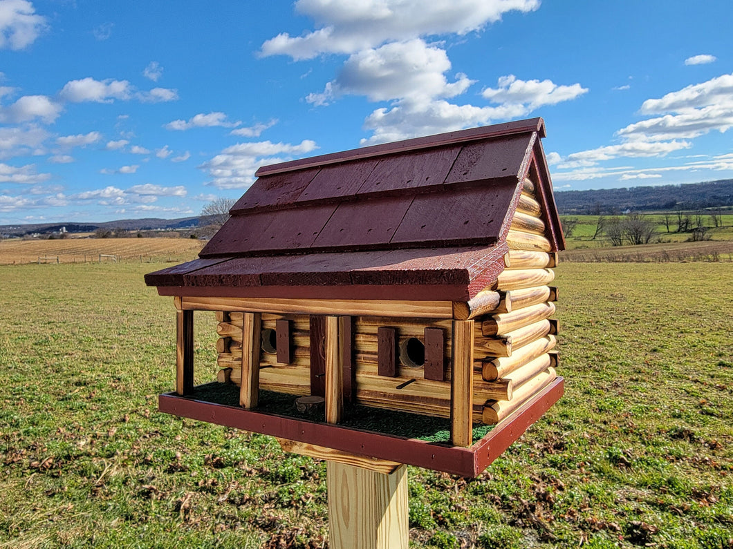 Log Cabin Birdhouse, Amish Handmade, 3 Nesting Compartments, With Cedar Roof