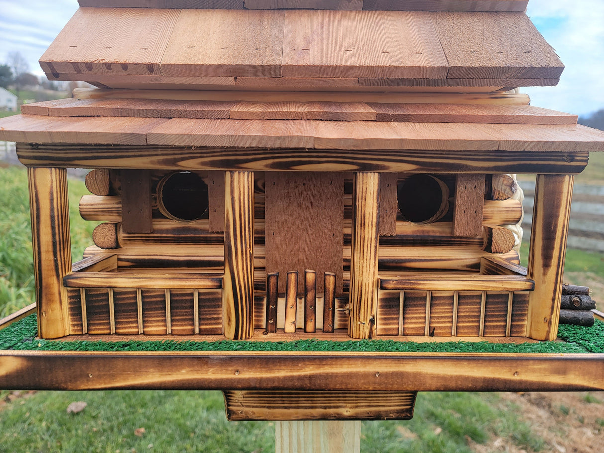 Log Cabin Birdhouse, Amish Handmade, 2 Nesting Compartments With Cedar Roof, Yellow Pine, and Stone Chimney