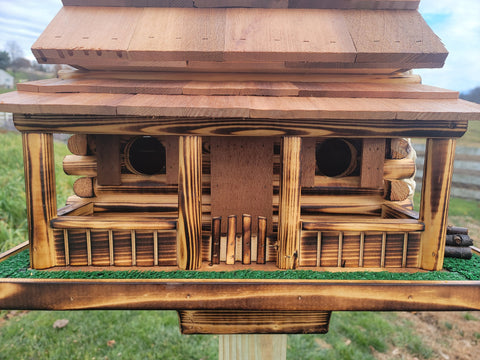 Log Cabin Birdhouse, Amish Handmade, 2 Nesting Compartments With Cedar Roof, Yellow Pine, and Stone Chimney