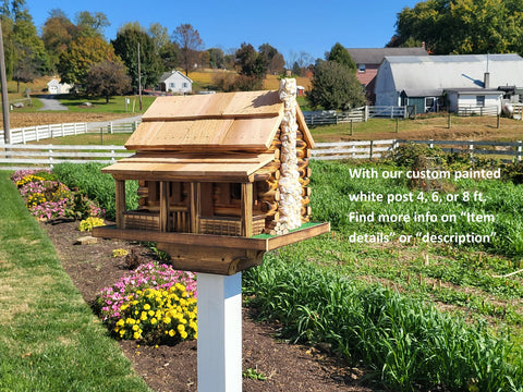 Log Cabin Birdhouse, Amish Handmade, 2 Nesting Compartments With Cedar Roof, Yellow Pine, and Stone Chimney