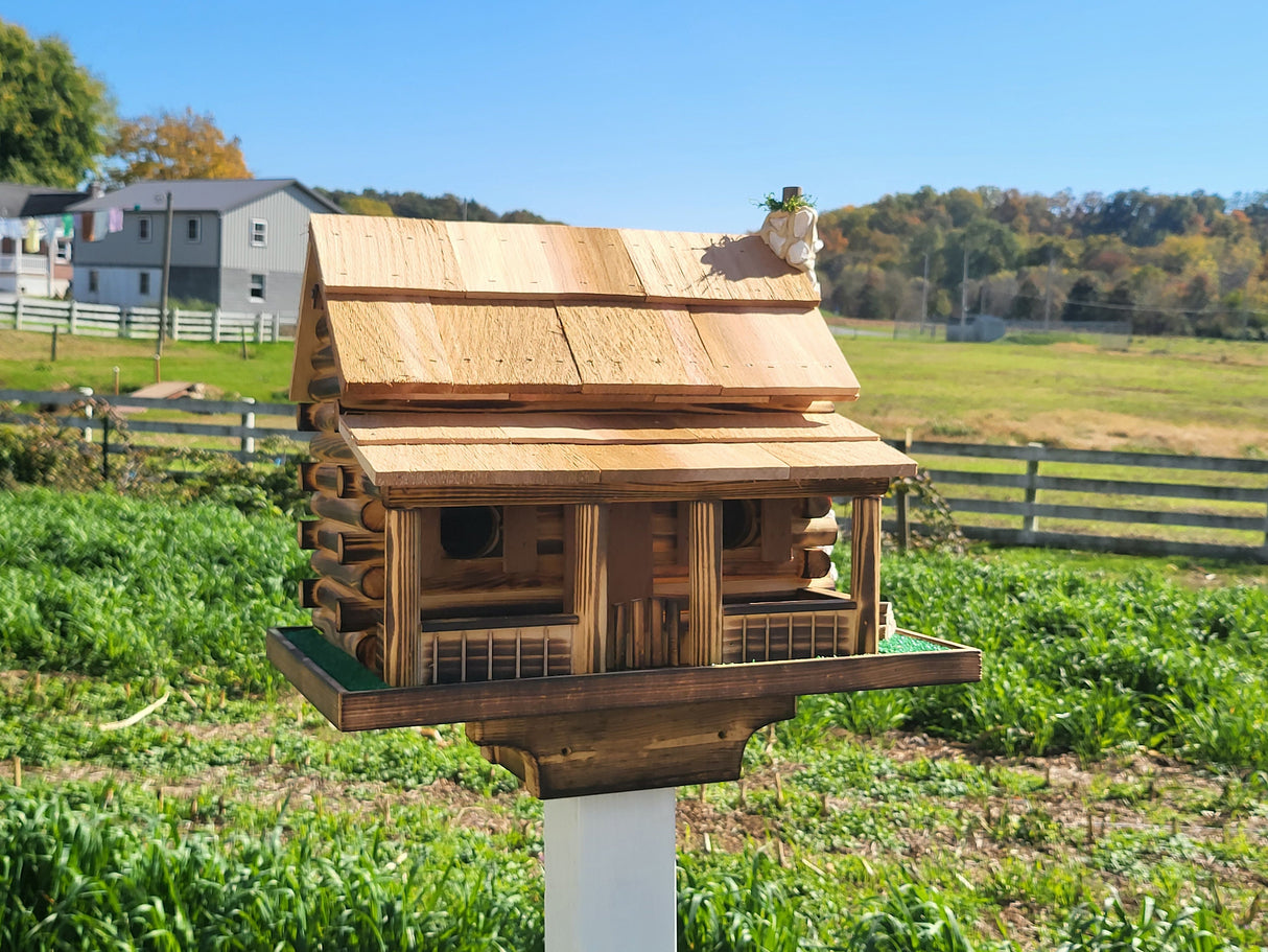 Log Cabin Birdhouse, Amish Handmade, 2 Nesting Compartments With Cedar Roof, Yellow Pine, and Stone Chimney