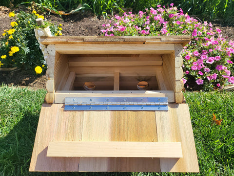 Log Cabin Birdhouse, Amish Handmade, 2 Nesting Compartments With Cedar Roof, Yellow Pine, and Stone Chimney