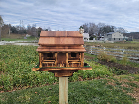 Log Cabin Birdhouse, Amish Handmade, 2 Nesting Compartments With Cedar Roof, Yellow Pine, and Stone Chimney