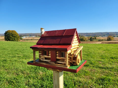 Log Cabin Bird Feeder, Amish Handmade, Waterwheel Decoration, Stone Chimney