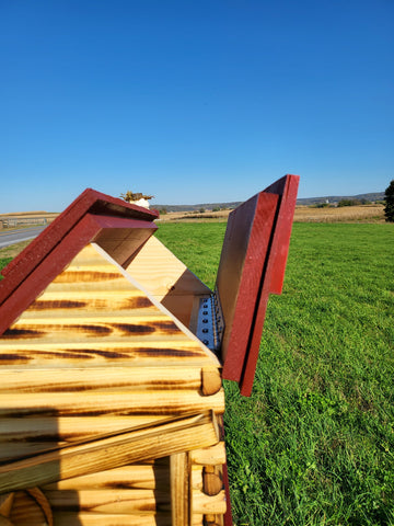 Log Cabin Bird Feeder, Amish Handmade, Waterwheel Decoration, Stone Chimney