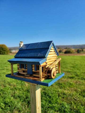 Log Cabin Bird Feeder, Amish Handmade, Waterwheel Decoration, Stone Chimney