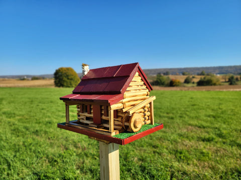 Log Cabin Bird Feeder, Amish Handmade, Waterwheel Decoration, Stone Chimney