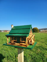 Log Cabin Bird Feeder, Amish Handmade, Waterwheel Decoration, Stone Chimney