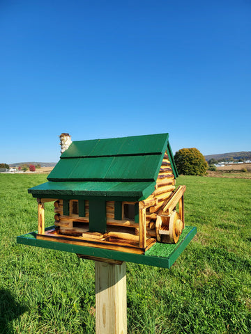 Log Cabin Bird Feeder, Amish Handmade, Waterwheel Decoration, Stone Chimney