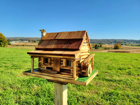 Log Cabin Bird Feeder, Amish Handmade, Waterwheel Decoration, Stone Chimney