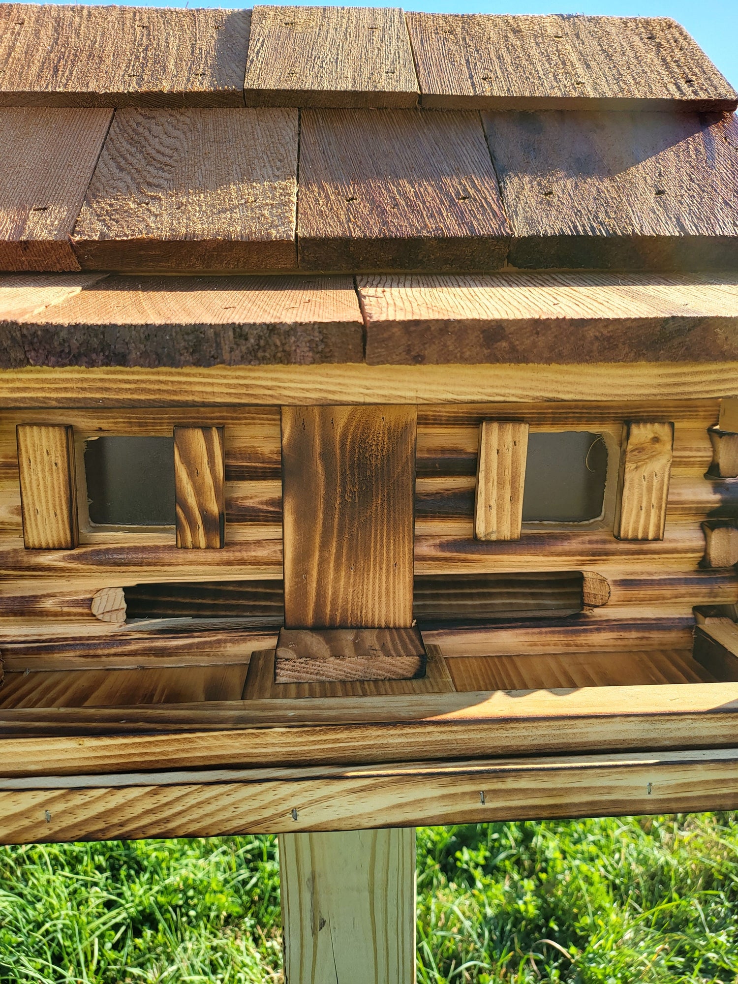 Log Cabin Bird Feeder, Amish Handmade, Waterwheel Decoration, Stone Chimney