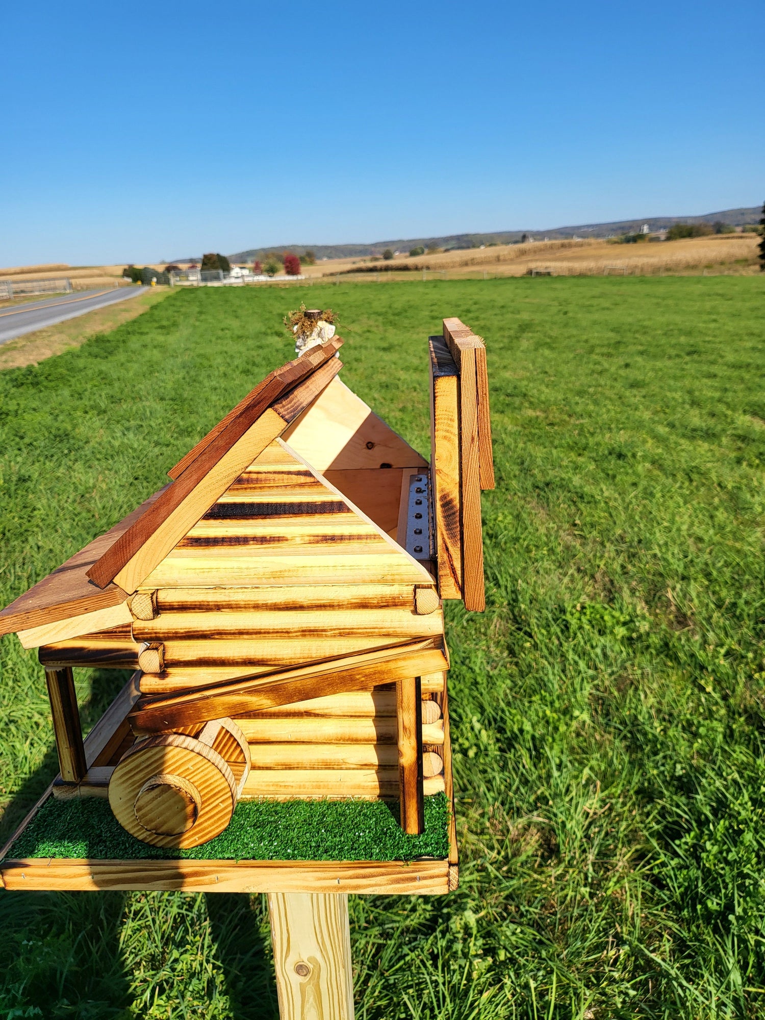 Log Cabin Bird Feeder, Amish Handmade, Waterwheel Decoration, Stone Chimney