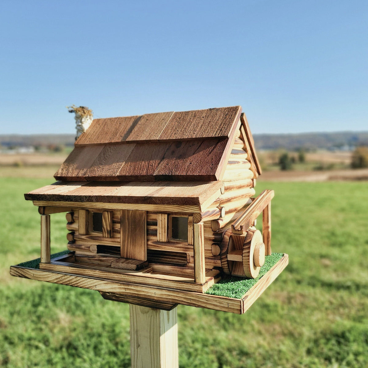 Log Cabin Bird Feeder, Amish Handmade, Waterwheel Decoration, Stone Ch ...