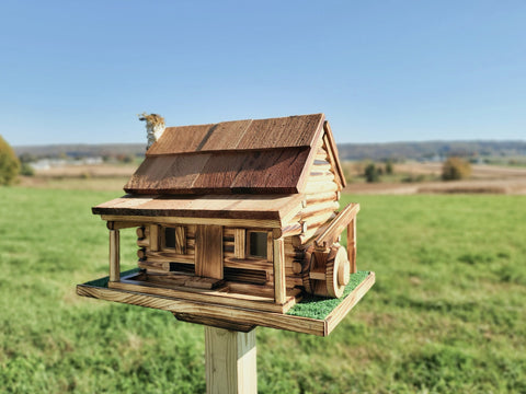 Log Cabin Bird Feeder, Amish Handmade, Waterwheel Decoration, Stone Chimney