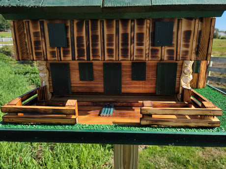 Log Cabin Barn Bird Feeders Amish Handmade, With Cedar Roof, Silo and White Stones, Extra Large Handcrafted Amish Double Bird Feeders