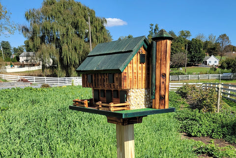 Log Cabin Barn Bird Feeders Amish Handmade, With Cedar Roof, Silo and White Stones, Extra Large Handcrafted Amish Double Bird Feeders