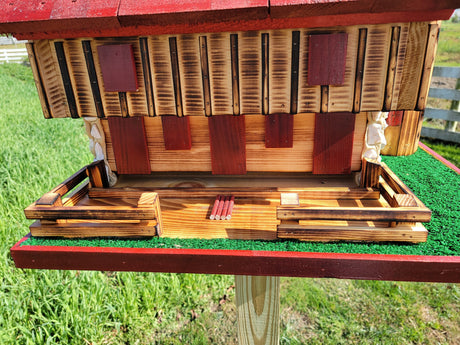 Log Cabin Barn Bird Feeders Amish Handmade, With Cedar Roof, Silo and White Stones, Extra Large Handcrafted Amish Double Bird Feeders