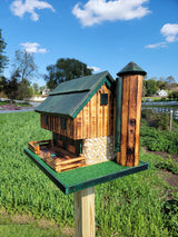 Log Cabin Barn Bird Feeders Amish Handmade, With Cedar Roof, Silo and White Stones, Extra Large Handcrafted Amish Double Bird Feeders