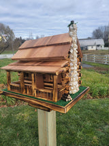 Log Cabin Birdhouse, Amish Handmade, Rustic, 2 Nesting Compartments With Cedar Roof, Yellow Pine, and Stone Chimney