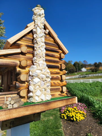 Log Cabin Birdhouse, Amish Handmade, Rustic, 2 Nesting Compartments With Cedar Roof, Yellow Pine, and Stone Chimney