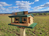 Log Cabin Bird Feeder Amish Handmade, Country Store Design, Multi Colors, Optional Custom Sign, Made of Pine With Cedar Roof