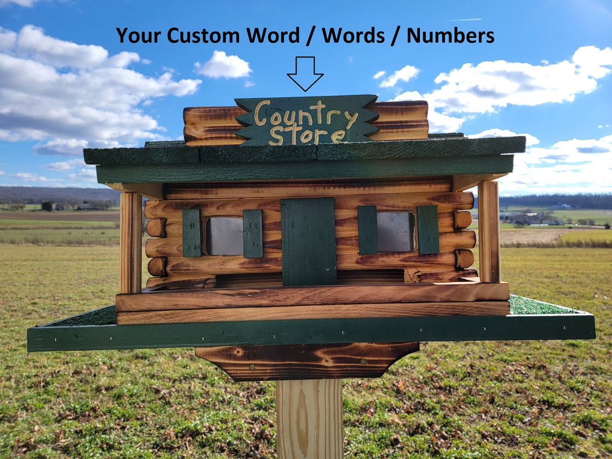 Log Cabin Bird Feeder Amish Handmade, Country Store Design, Multi Colors, Optional Custom Sign, Made of Pine With Cedar Roof