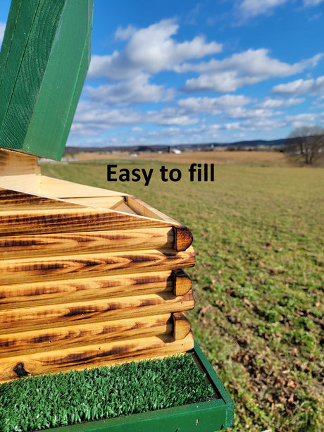 Log Cabin Bird Feeder Amish Handmade, Country Store Design, Multi Colors, Optional Custom Sign, Made of Pine With Cedar Roof