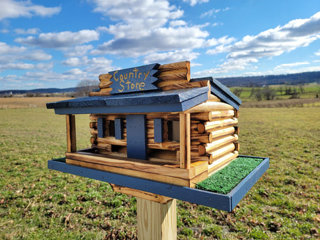 Log Cabin Bird Feeder Amish Handmade, Country Store Design, Multi Colors, Optional Custom Sign, Made of Pine With Cedar Roof