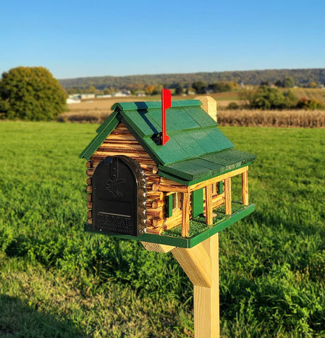 Amish Mailbox - Handmade - Log Cabin Style - Wooden with Metal USPS Approved Mailbox Outdoor