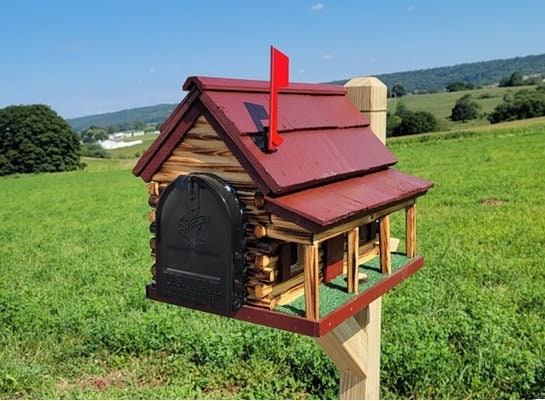 Amish Mailbox - Handmade - Log Cabin Style - Wooden with Metal USPS Approved Mailbox Outdoor