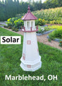 May include: A white and red solar powered lighthouse with a red roof and windows. The lighthouse is on a grassy lawn with the words &#39;Solar&#39; and &#39;Marblehead, OH&#39; printed below it.