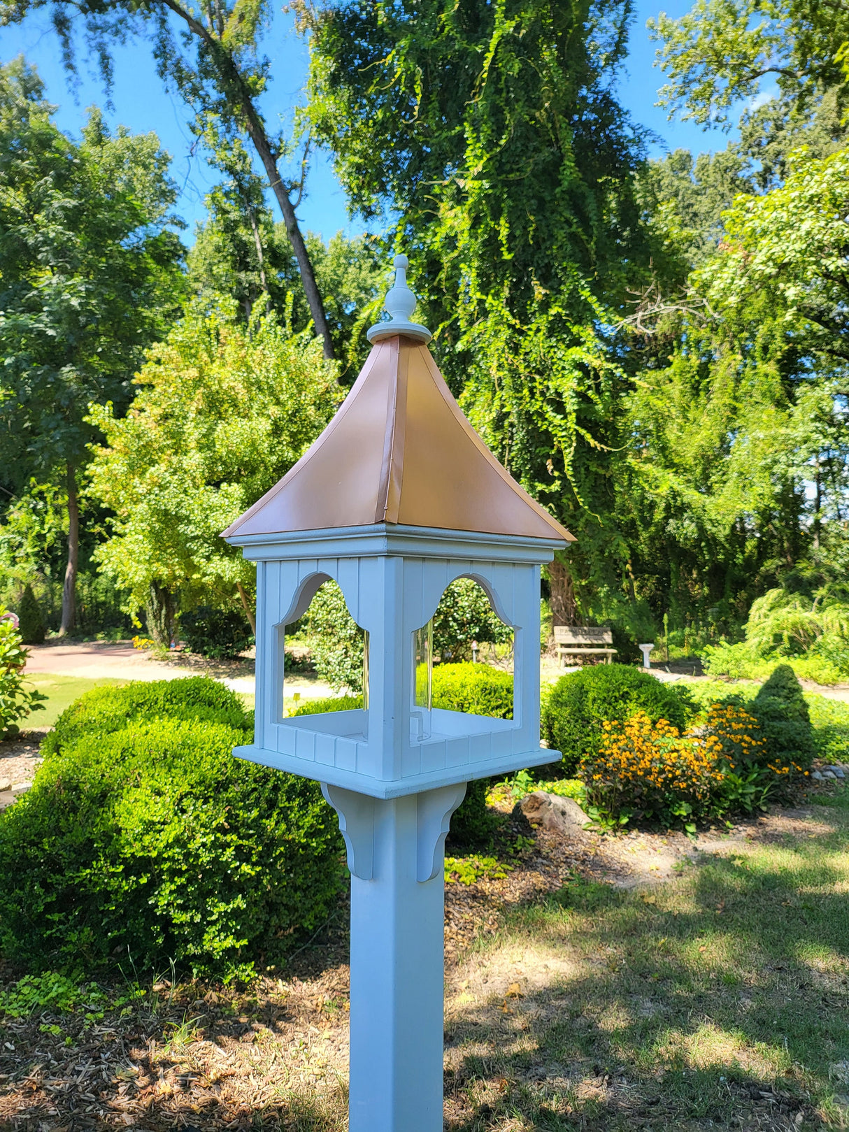 Bird Feeder X-Large With Patina Copper Roof, Square Design, Premium Feeding Tube