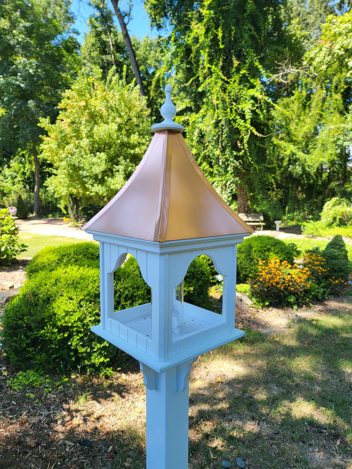 Bird Feeder X-Large With Patina Copper Roof, Square Design, Premium Feeding Tube