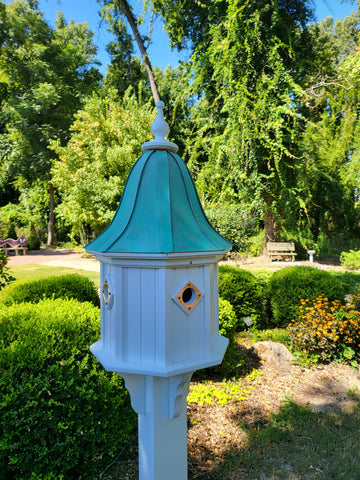 Bell Patina Copper Roof Bird House Handmade, Octagon Shape, Extra Large With 4 Nesting Compartments, Weather Resistant Birdhouses