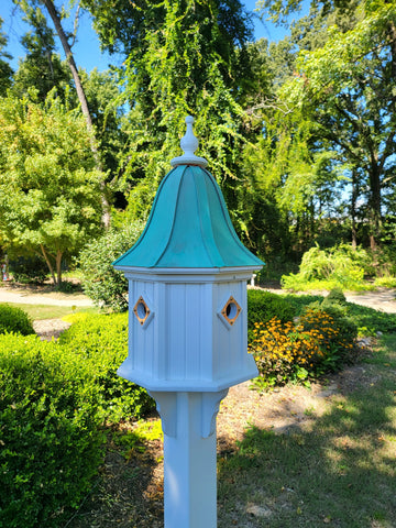 Bell Patina Copper Roof Bird House Handmade, Octagon Shape, Extra Large With 4 Nesting Compartments, Weather Resistant Birdhouses