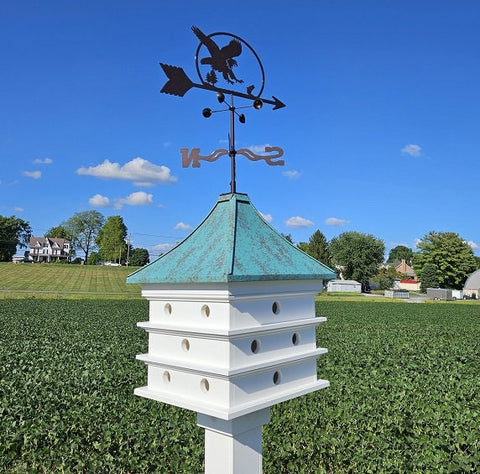 Purple Martin Birdhouse with Weathervane, Copper Roof, 18 Nesting Compartments, Large, Handmade for Bird Lovers, Wind Compass, Patina Top