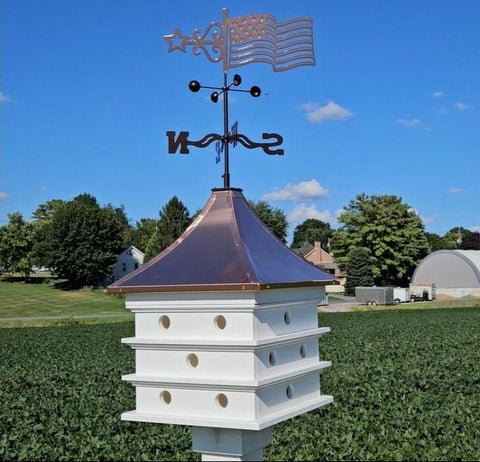 Purple Martin Birdhouse with Weathervane, Copper Roof, 18 Nesting Compartments, Large, Handmade for Bird Lovers, Wind Compass, Patina Top